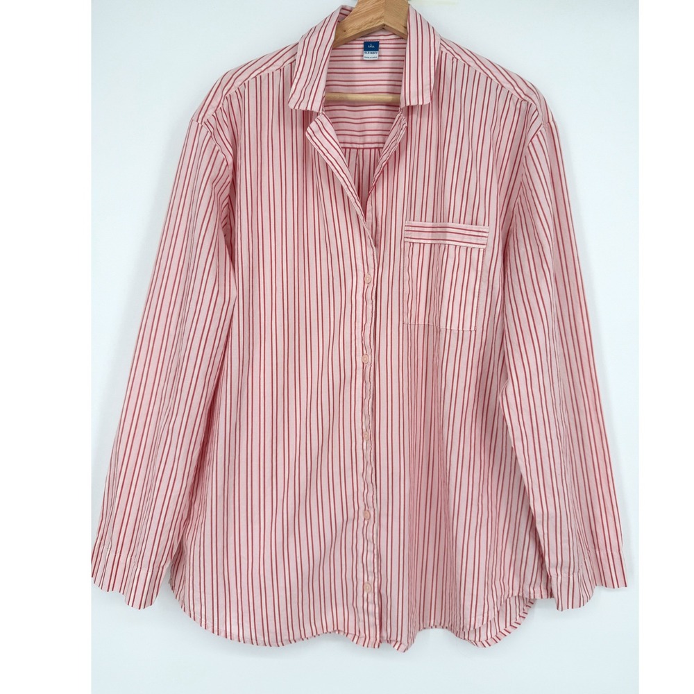 Old Navy Women's Pink Red Striped Button Up Pajama Top Long Sleeve L‎ Tall